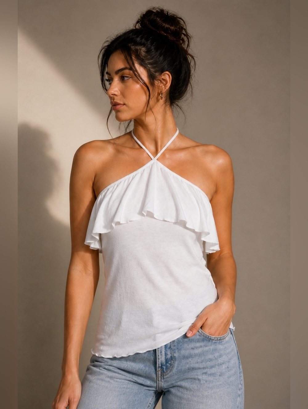 Chaser White Ruffle Halter Top Women's size M New with tags